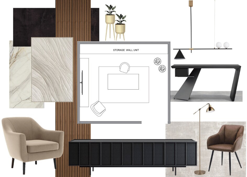 a-collage-of-modern-office-space-furniture-and-blueprint