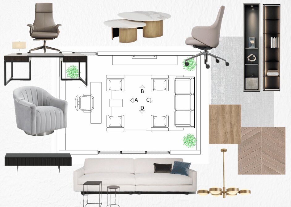 a-collage-of-furniture-and-blueprint