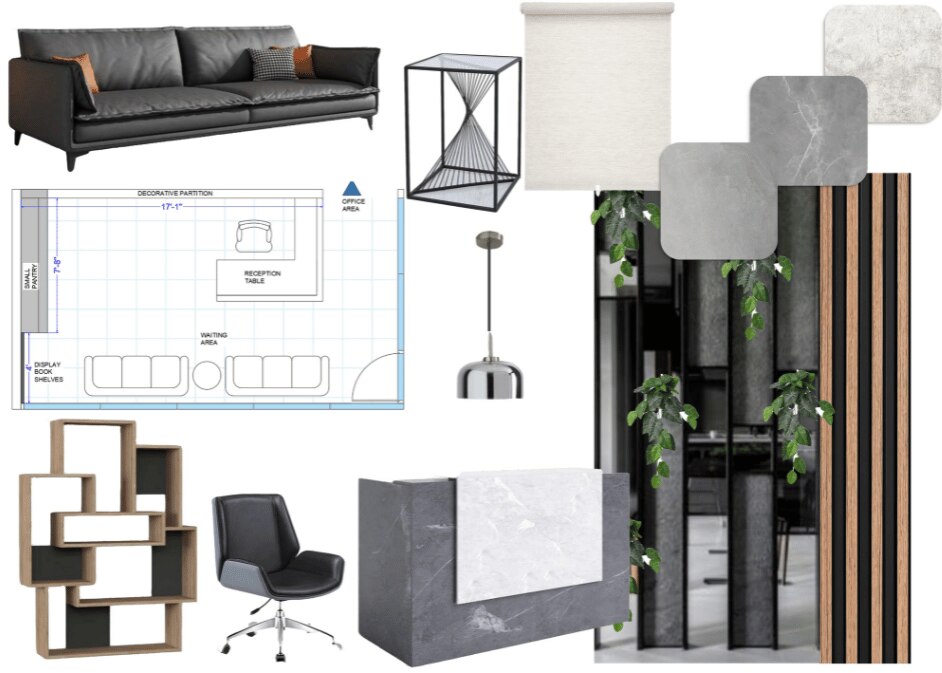 a-collage-of-reception-area-furniture-and-blueprint