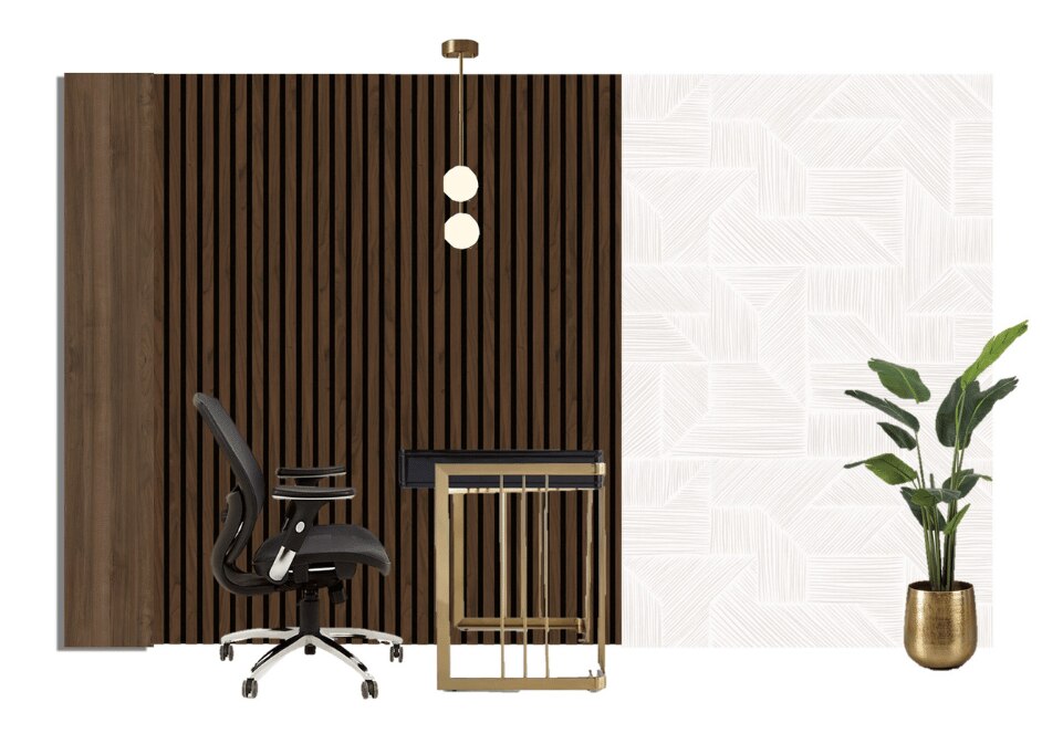 a-chair-and-table-in-front-of-a-wall-and-a-plant