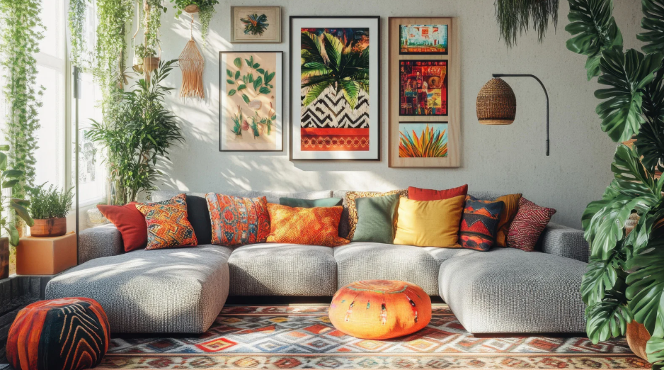 Eclectic living room with layered colours, textured cushions and botanical artwork, illustrating expressive colour consultation for personalised interiors.