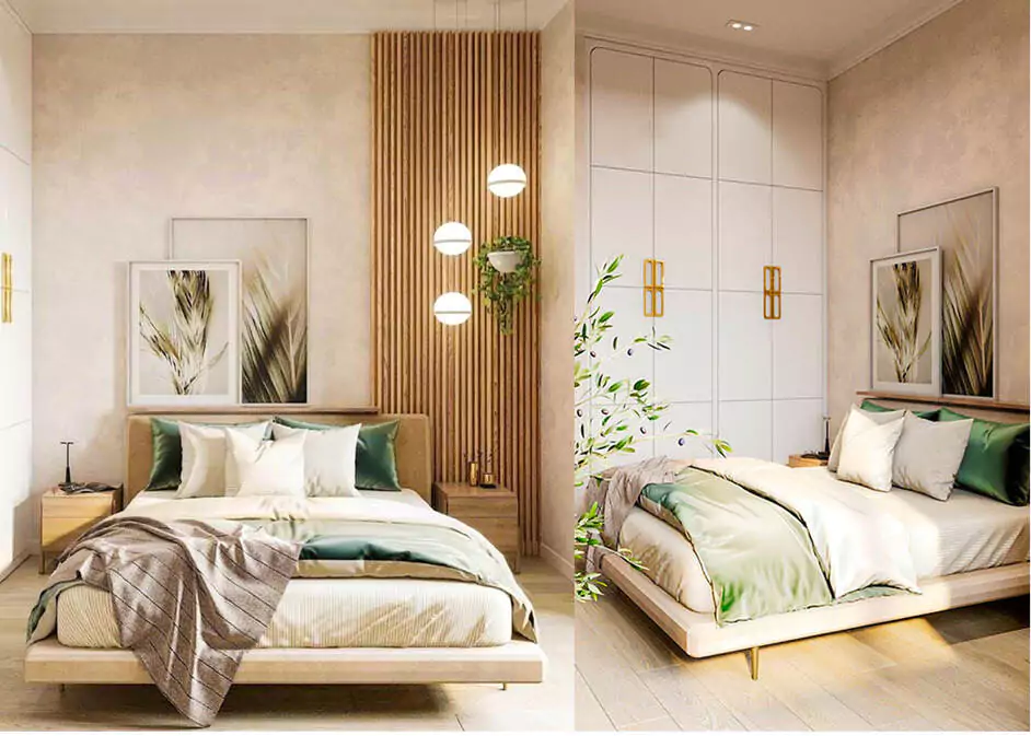 Modern bedroom interior design in London with natural elements and soft lighting by Oraanj Interior Design.
