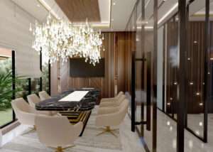 Modern office meeting room interior with black marble conference table, cream armchairs, glass wall partitions, and contemporary chandelier by Oraanj Interiors London. Modern office meeting room interior with black marble conference table, cream armchairs, glass wall partitions, and contemporary chandelier by Oraanj Interiors London.