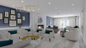 Modern office pantry and breakout area with blue kitchen cabinets, round white tables, grey sofas, and industrial pendant lighting by Oraanj Interiors London.