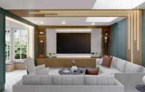 Modern living room interior design in Knightsbridge featuring built-in media wall, concealed lighting and neutral seating