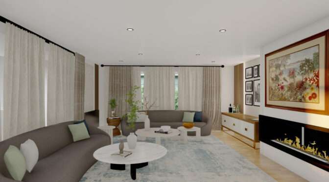 Living room decoration in London with curved sofas, neutral tones, and a cosy fireplace by Oraanj Interior Design.