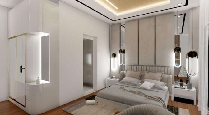 Elegant bedroom interior design in London with pendant lights, neutral tones, and a soft padded headboard by Oraanj Interior Design.