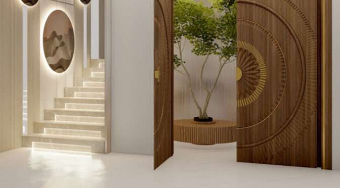 Elegant interior hallway in London with marble flooring and courtyard views by Oraanj Interior Design.