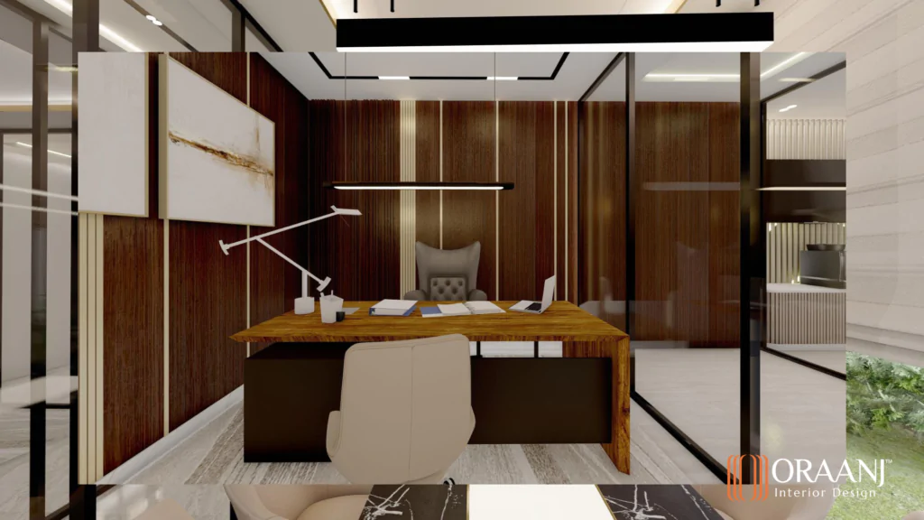 Luxury executive office interior in London featuring a bespoke wooden desk, modern lighting, glass partitions, and elegant wood paneling, designed by Oraanj Interior Design.