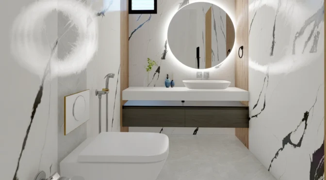 Custom-designed bathroom in London with bold marble walls and floating vanity by Oraanj Interior Design.