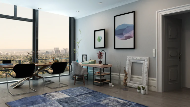Luxurious modern home office with panoramic city views, stylish furniture, and elegant decor in London.