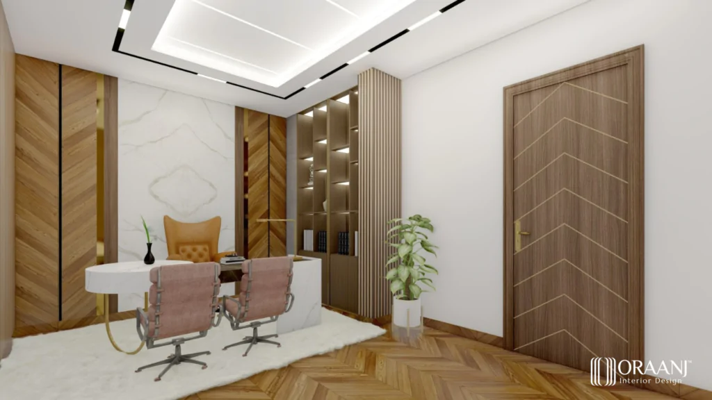 High-end office interior design in London featuring a white executive desk with gold accents, warm wood paneling, plush seating, and built-in shelving, designed by Oraanj Interior Design.