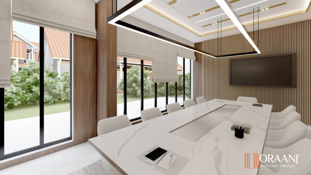 Luxury meeting room interior in London featuring a white marble table, modern lighting, wood paneling, and large windows, designed by Oraanj Interior Design.