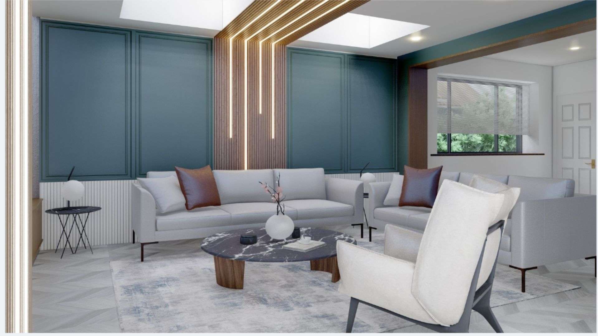 Luxury living room in London with deep teal accent walls, modern lighting, and contemporary furniture by Oraanj Interior Design.