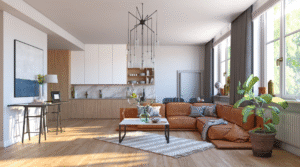 Open-plan living room and kitchen with a brown leather sectional sofa, light wood flooring, modern pendant lighting, and large windows bringing in natural daylight.