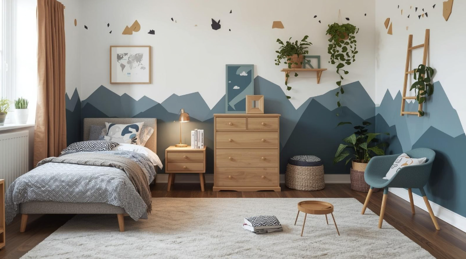 Playful children’s bedroom featuring a painted mountain wall, soft furnishings and natural wood furniture, designed with family-friendly colour consultation.