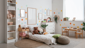 Bright children’s bedroom with playful wall decals, a low bed with stuffed toys, white storage furniture, a small table and chairs, and soft neutral textures.