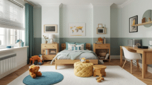 Calm children’s bedroom with a wooden bed, soft blue and neutral walls, teddy bears, playful poufs, and a small study desk by the window.