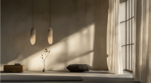 Minimal, sunlit meditation room with sheer curtains, soft floor cushions, hanging pendant lights, and gentle shadows cast across a neutral wall.