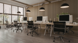Modern open-plan office with wooden slat walls, shared workstations, desktop computers, black task chairs, and pendant lights above a long communal desk.
