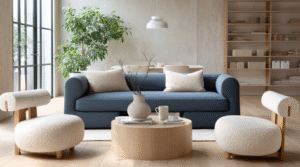 Minimalist living room with a blue upholstered sofa, rounded cream accent chairs, a circular wooden coffee table, and soft natural light from a large window.