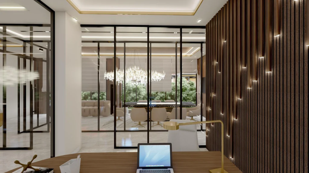 Luxury office interior design in London featuring glass partitions, wooden paneling with LED accents, modern lighting, and a sleek executive desk, designed by Oraanj Interior Design.