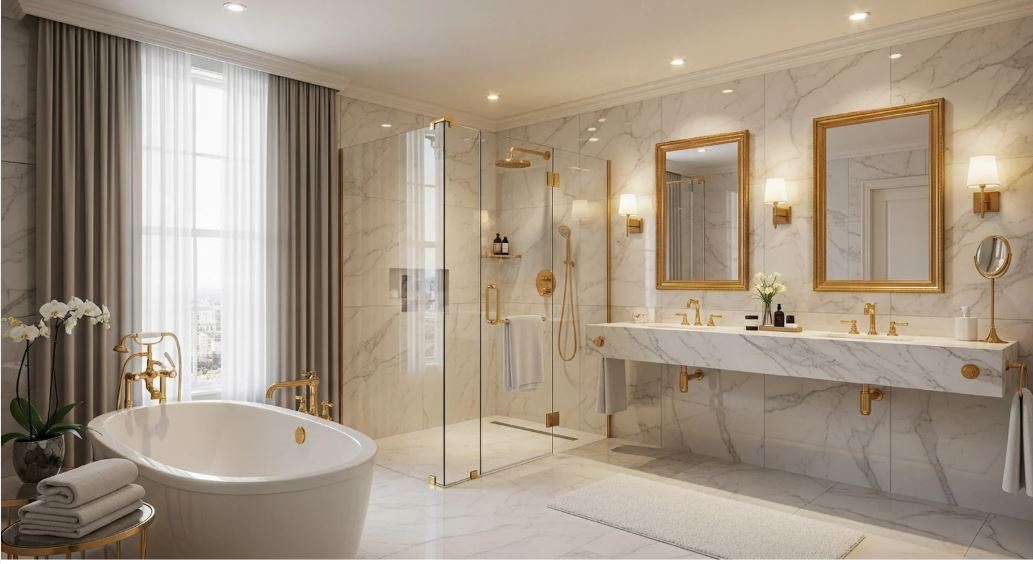 Luxury marble bathroom with freestanding bathtub, double vanity, gold fixtures, and soft ambient lighting.