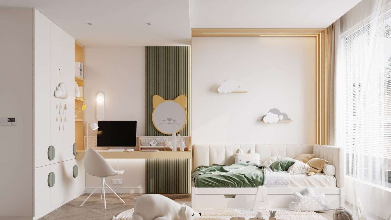 Experience the perfect blend of luxury and playful creativity with this modern kids' room designed by Oraanj Interior Design in London. Featuring warm yellow tones, soft textures, and whimsical cloud and cat-themed decor, this bespoke space is designed to inspire imagination while ensuring comfort. Elevate your child’s living space with premium interior design solutions tailored for elegance and functionality.