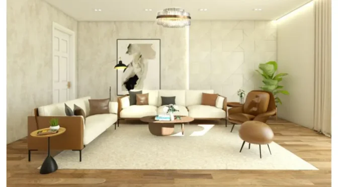 A modern and elegant living room designed by Oraanj Interior Design in London, featuring neutral tones, stylish furniture, and warm lighting.
