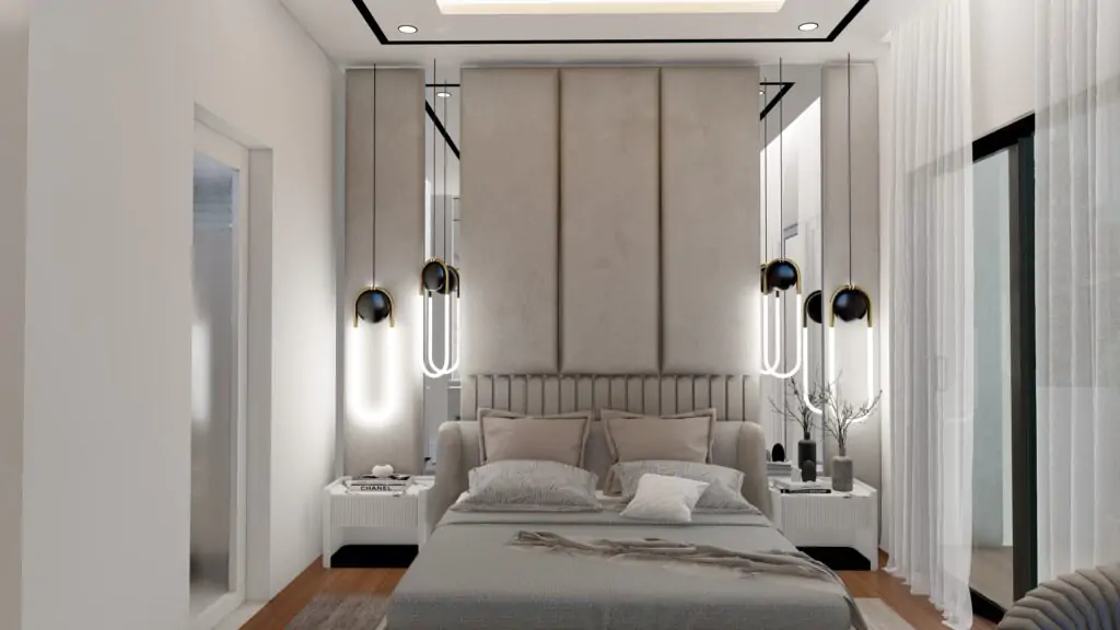 Luxury modern bedroom in London with upholstered headboard, pendant lighting, and a neutral-toned elegant design by Oraanj Interior Design.