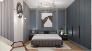 A stylish and modern bedroom designed by Oraanj Interior Design, featuring deep blue tones, elegant lighting, and bespoke furniture—perfect for contemporary homes in London.