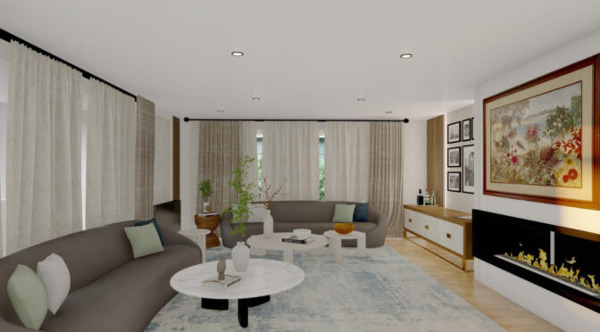 A sophisticated living room designed by Oraanj Interior Design, featuring soft neutral tones, plush seating, a modern fireplace, and elegant décor—perfect for London homes.