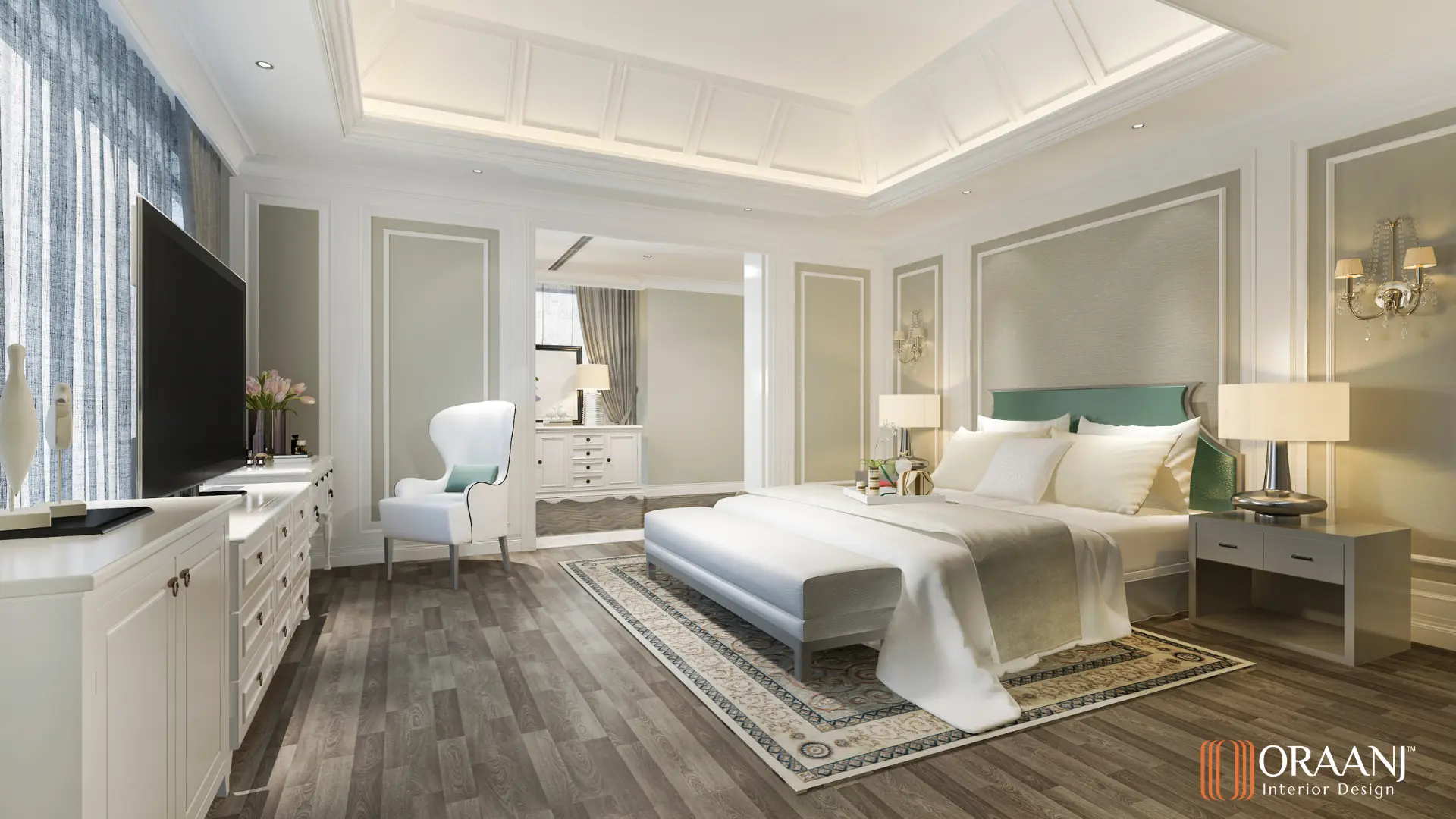 Elegant master bedroom designed by Oraanj Interior Design, featuring a modern bed with a soft panel headboard, chic bedside lamps, wooden flooring, and a cozy seating area.