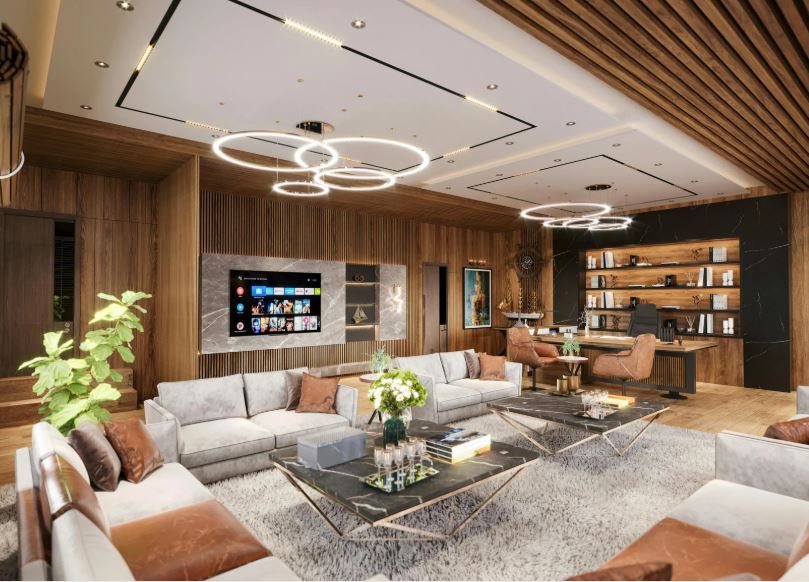 Luxury modern living room with wood-panelled walls, sectional sofa, statement ceiling lighting, and integrated entertainment area.