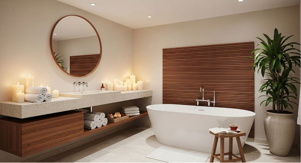 Modern luxury bathroom with freestanding bathtub, wooden vanity, round mirror, soft lighting, and spa-inspired décor.