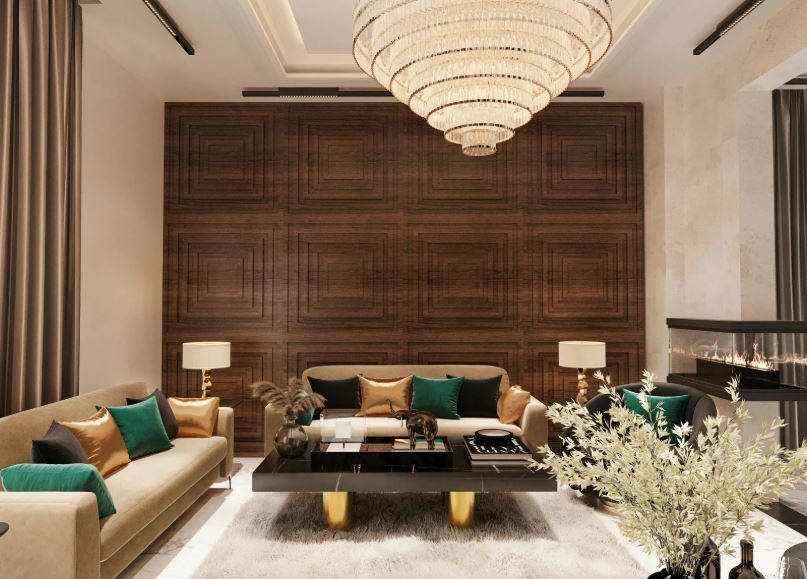 Luxury living room with wood-panelled feature wall, plush seating, statement chandelier, and elegant décor in a refined interior.