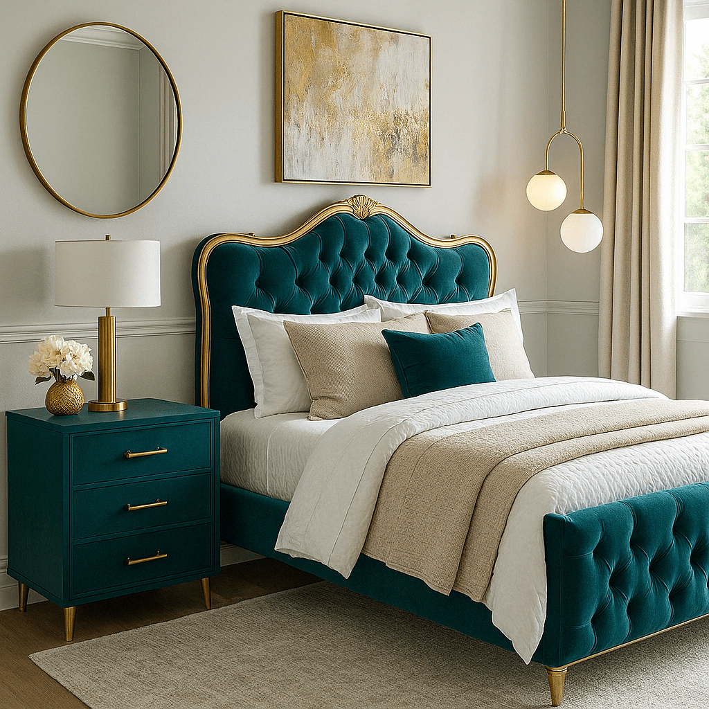 Bedroom featuring teal walls with gold-framed artwork and luxurious gold accents