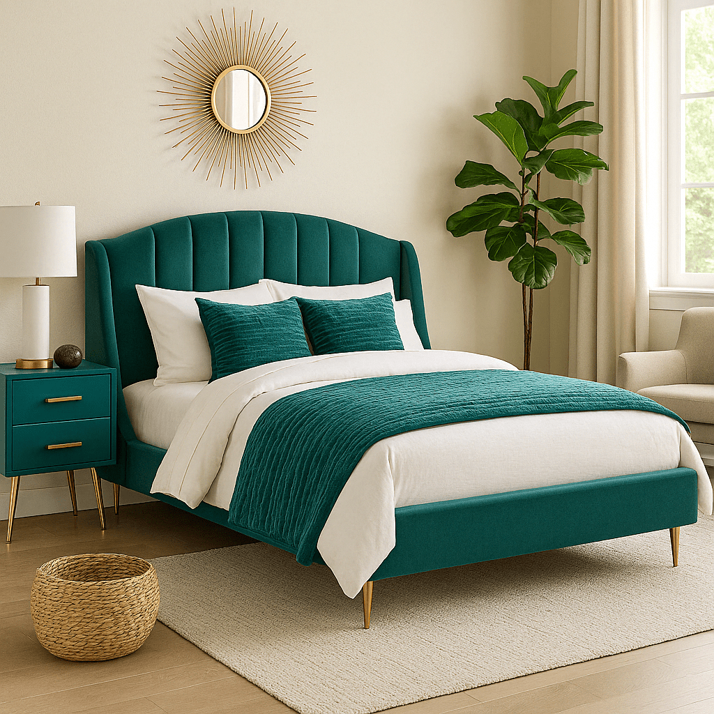 Bedroom with teal upholstered bed and plush matching headboard