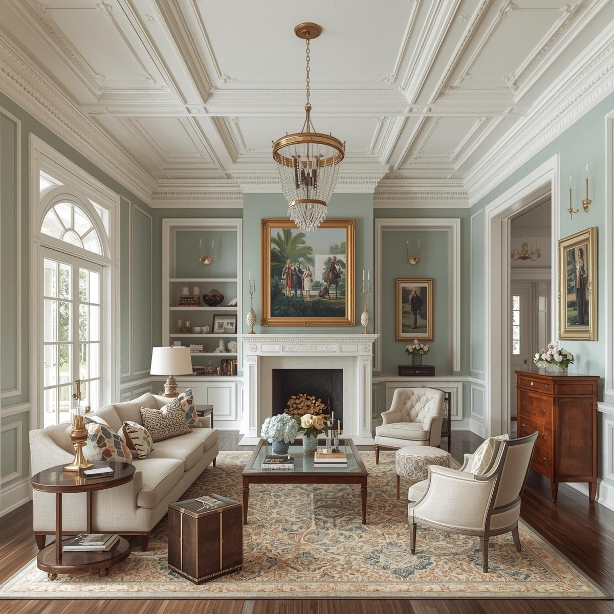 Classic Living Room Interior with Ornate Ceiling in London A classic living room featuring decorative ceiling mouldings, chandelier lighting, fireplace focal point, and elegant seating, designed by Oraanj Interiors for a luxury London residence.