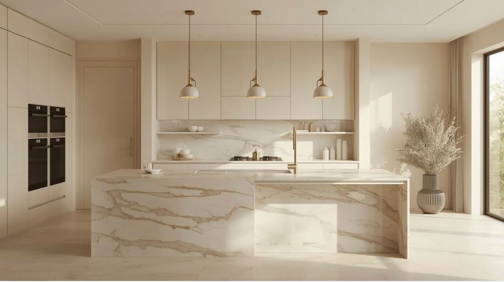 Modern minimalist kitchen with marble island, neutral cabinetry, pendant lighting, and soft natural light.