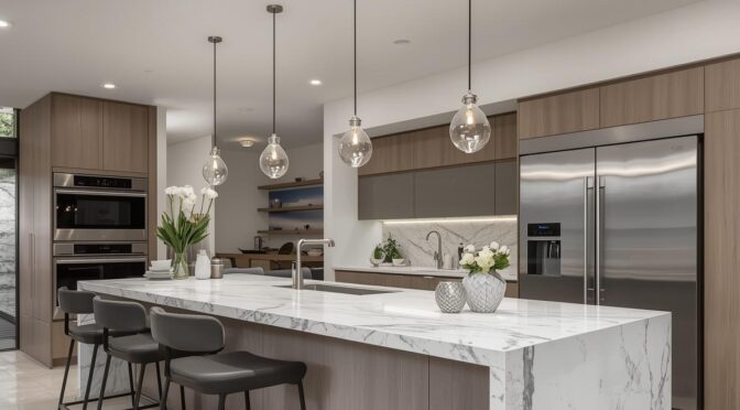 Modern luxury kitchen featuring a large marble island, sleek wood cabinetry, stainless steel appliances, and pendant lights.