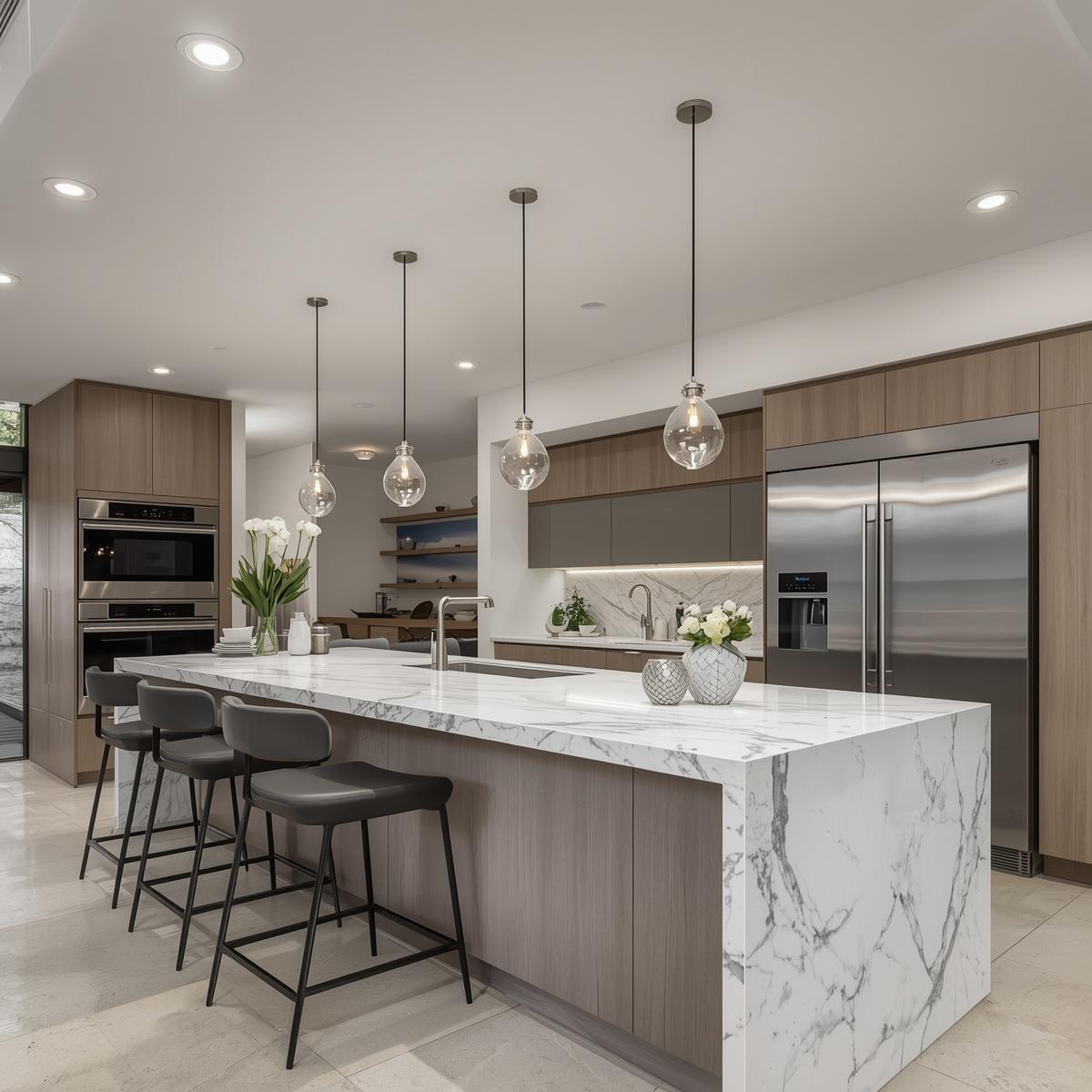 High-end Canary Wharf kitchen interior featuring a marble waterfall island, bespoke cabinetry, integrated appliances and contemporary pendant lighting, designed for modern city living by Oraanj Interiors.
