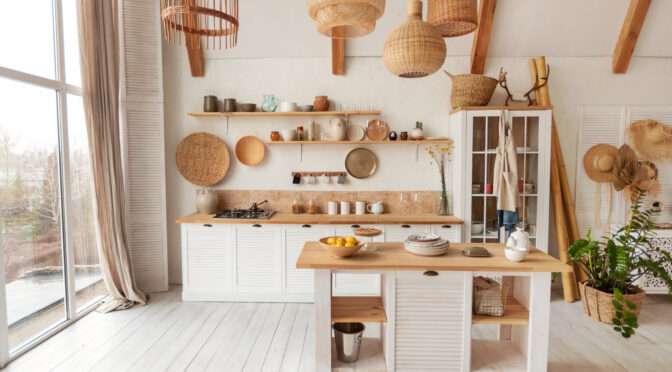 A Japandi-style kitchen with wooden cabinetry, neutral colors, and minimalist decor, combining Japanese and Scandinavian design elements.
