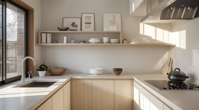 Bright Japandi-style kitchen featuring light wood cabinets, open shelving, and neutral tones with natural light streaming through a large window.