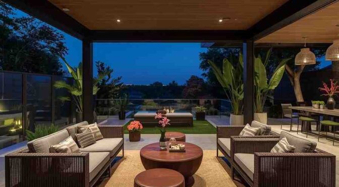 Stylish outdoor garden room with modern furniture, warm lighting, and a view of the garden at dusk.