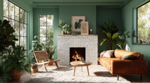 A cosy living room with green walls, a white brick fireplace with a lit fire, a leather sofa, woven lounge chair, round coffee table, indoor plants, and large windows.