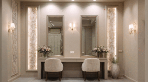 A refined dressing or vanity area featuring a long countertop with two upholstered chairs, twin vertical mirrors, soft wall sconces, recessed lighting, and illuminated decorative wall panels in a neutral, elegant palette.