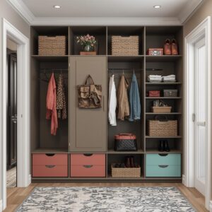 Modern hallway storage unit with open shelves, hanging space for coats, woven baskets, and colorful drawers.
