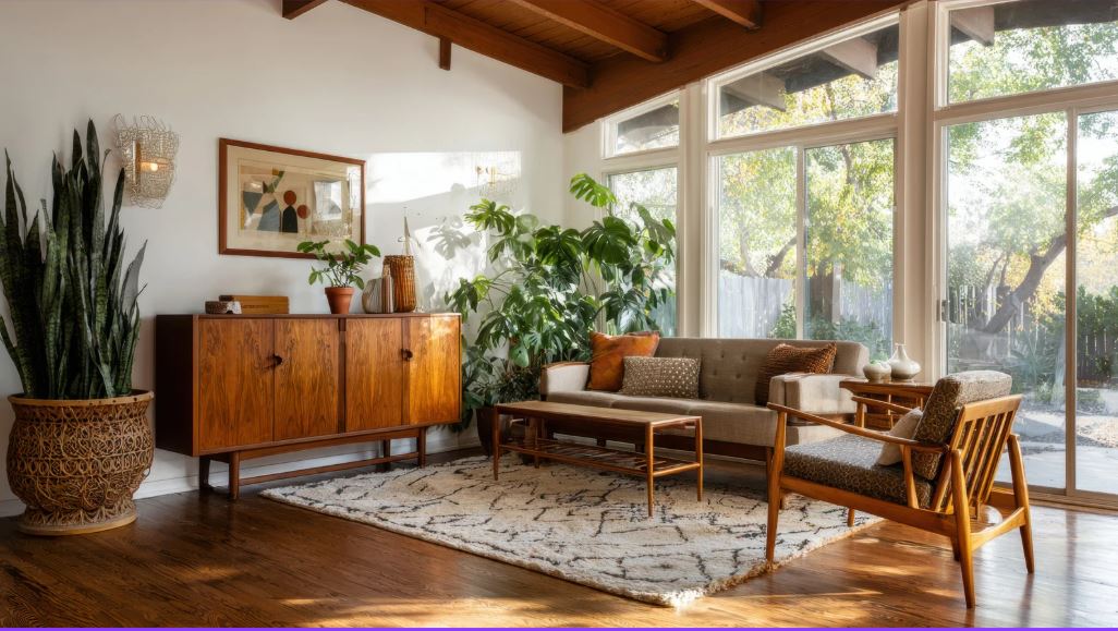 Mid-century modern living room with wooden furniture, indoor plants, large windows, and warm natural light.