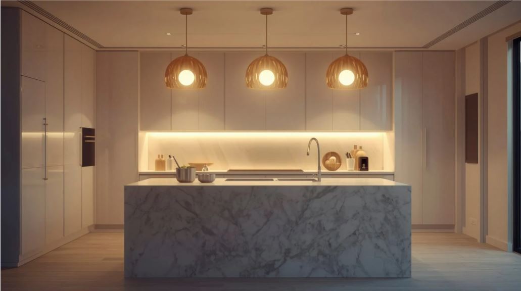 Contemporary kitchen with marble island, warm pendant lights, integrated cabinetry, and soft ambient lighting.